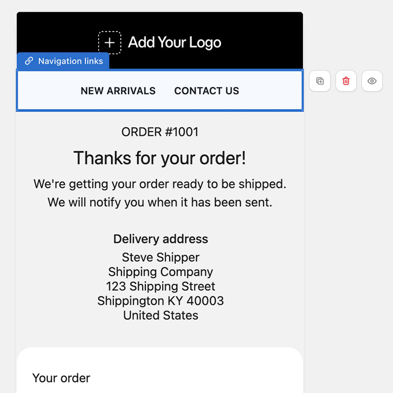 Visual editor for Shopify order confirmation emails