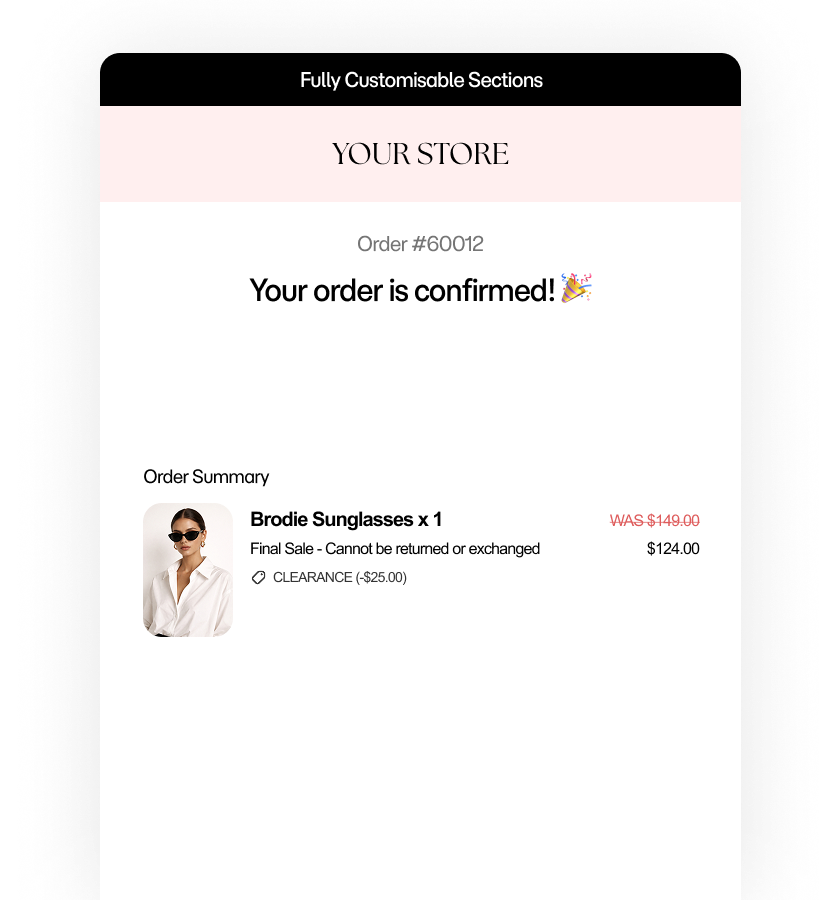 Branded Shopify order confirmation email designed with Easy Emails